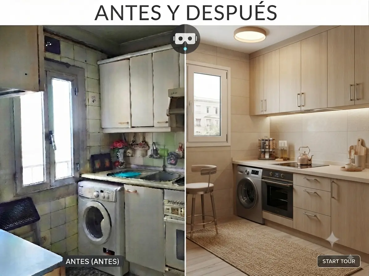 Propuesta antes y después de la cocina del piso en Calle del Arroyo Belincoso, Moratalaz, Madrid